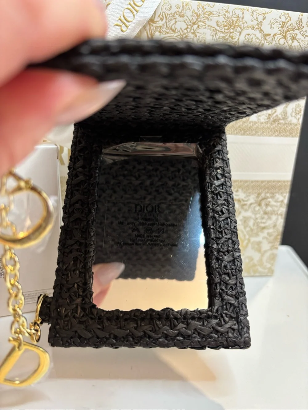 Dior Black Woven Raffia Mirror with Yellow CD chain